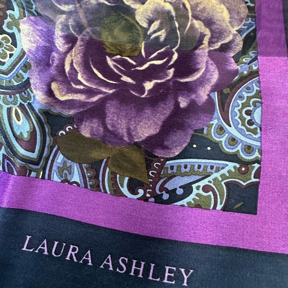 Vintage Laura Ashley Navy Silk Scarf with Teal & Purple Floral Paisley - NWT - Picture 3 of 4